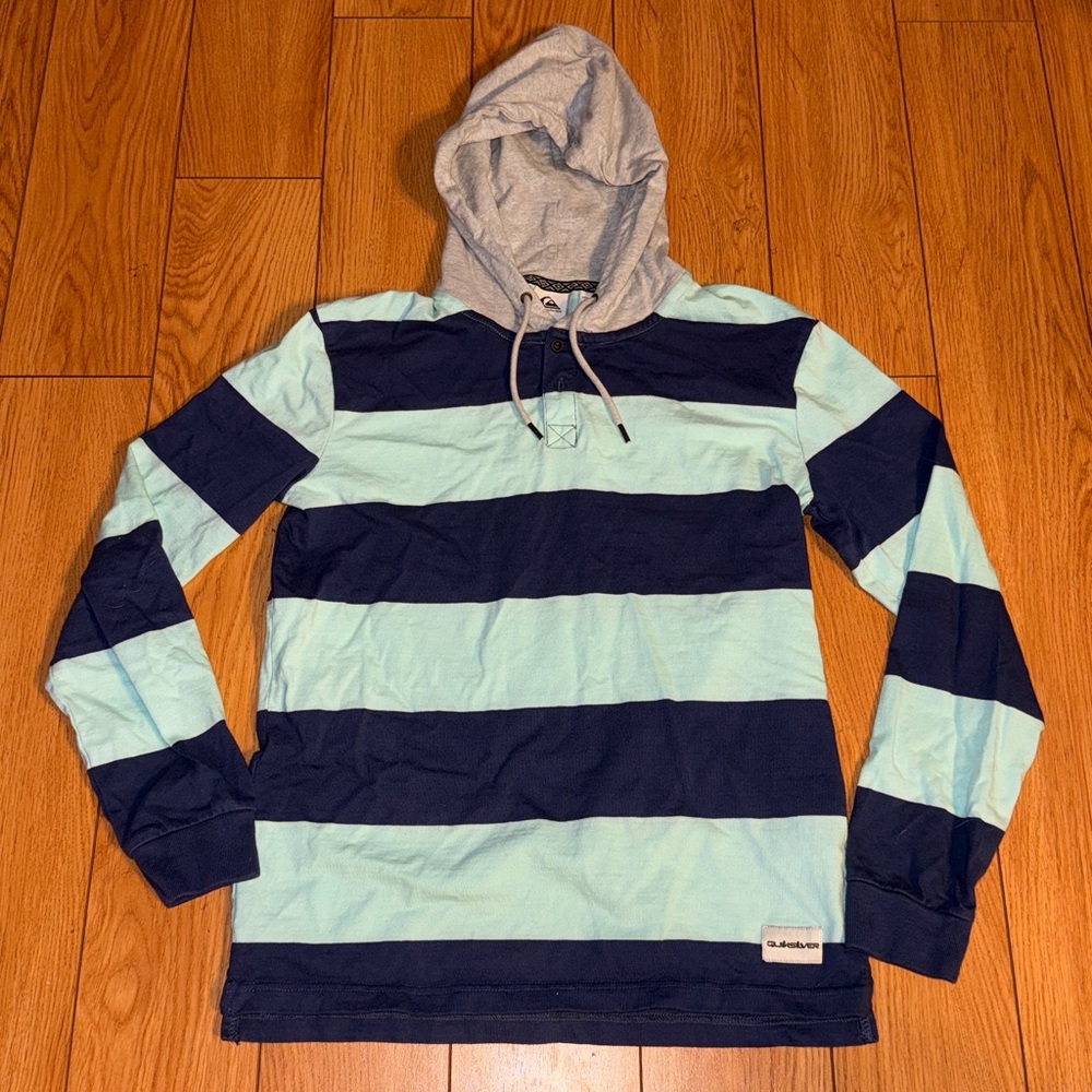 Quiksilver Navy and Light Blue Striped Hoodie